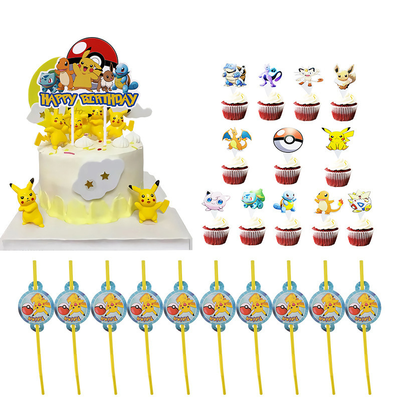 新しいホット販売ピカチュウテーマ誕生日パーティーの装飾使い捨て紙皿紙コップ PE テーブルクロスフラグナイフフォークスプーン|undefined