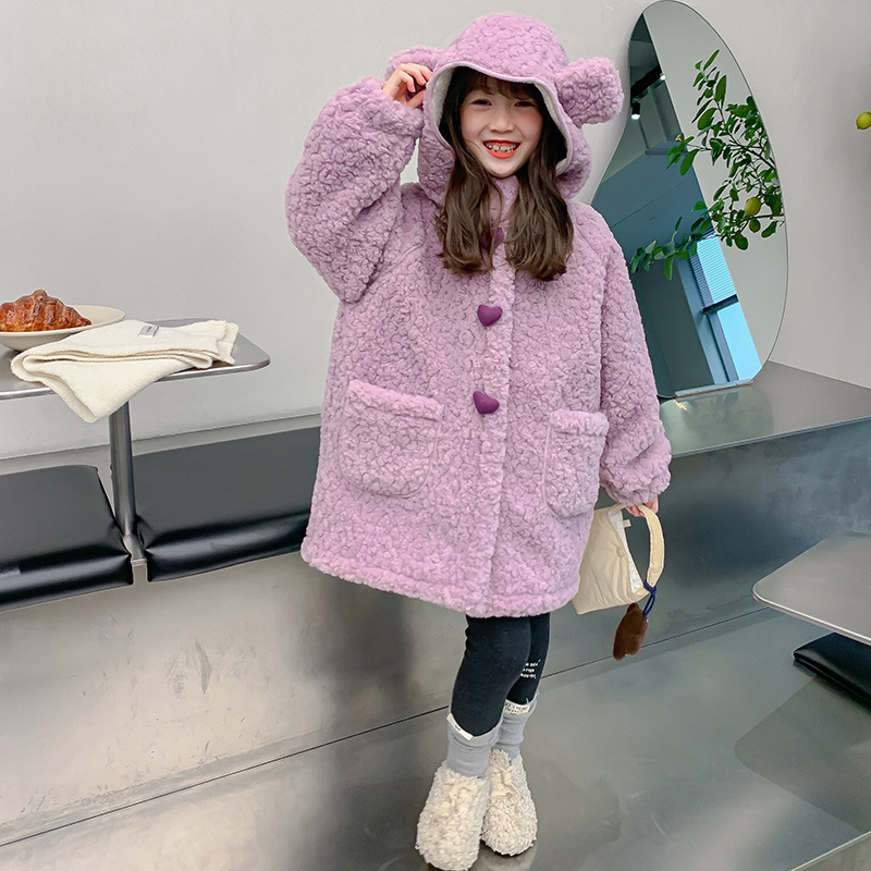 (2개) 여자 벨벳 코트 겨울 2024 새로운 스타일 어린이 겨울 두꺼운 어린 소녀의 양고기 봉제 탑 트렌디