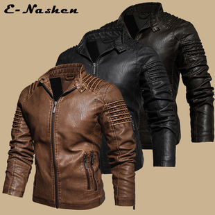 Autumn and Winter Ready-Made Velvet Stand-Up Collar Multi-Zip Pocket Men's Casual Leather Jacket Retro Motorcycle Pu Leather Jacket Men's Jacket