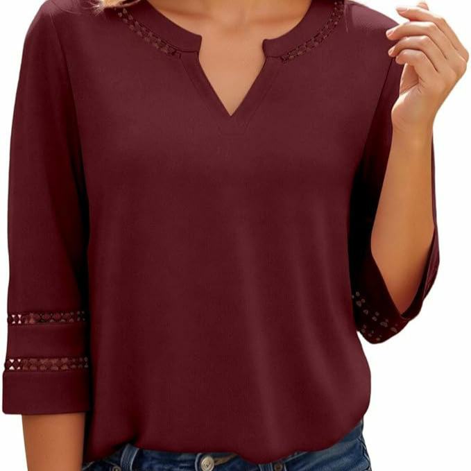 2026 Amazon Hot-Selling Shirt with Casual V-Neck, Lace Embroidery, and Loose Fit Suitable for Mesh Fabric