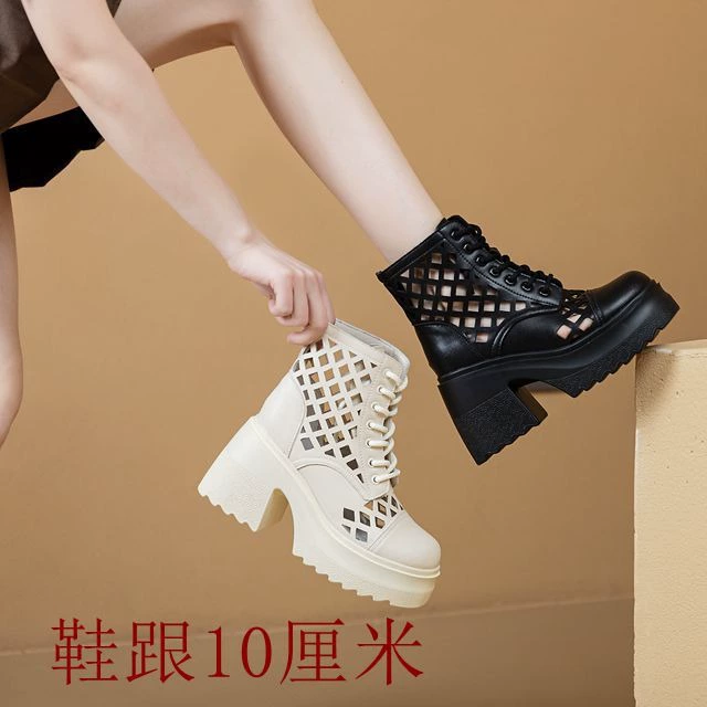 Новые женские сапоги из натуральной перфорированной кожи 2025 года: высокие сапоги на каблуке, сапоги для верховой езды, на платформе, на толстой подошве, стройные сапоги, сандалии, увеличивающие рост