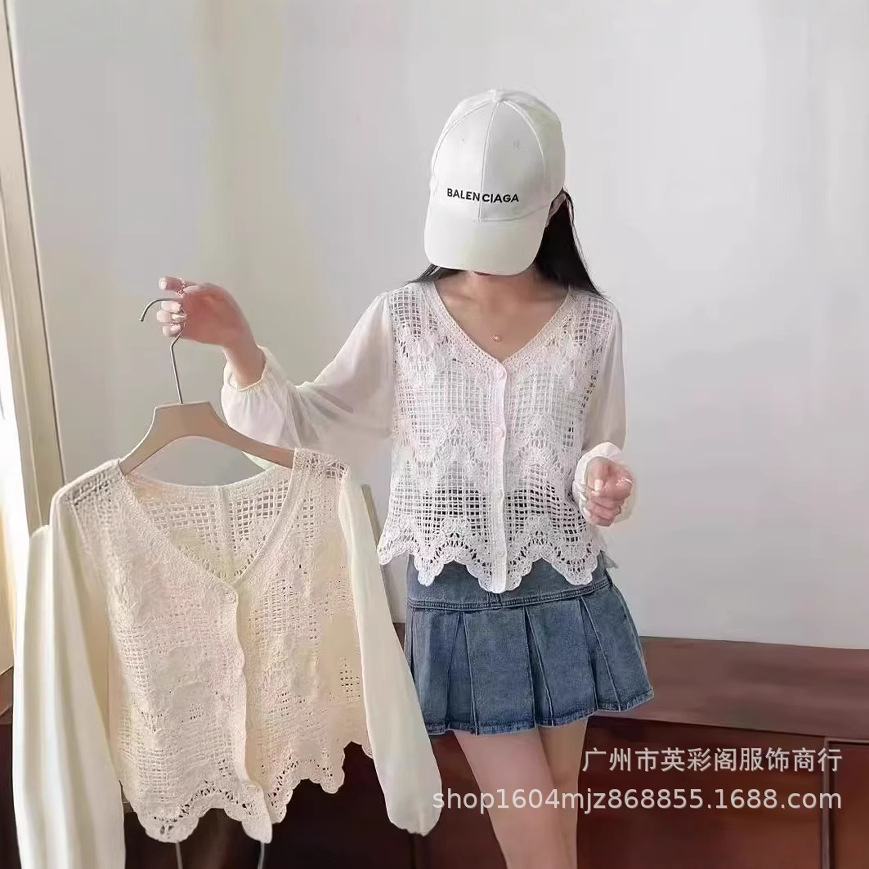 새로운 스타일의 나이를 줄여주는 패치워크 V넥 쉬폰 긴팔 레이스 셔츠, 에스닉 스타일 니트 달콤한 퍼프소매 탑, 트렌디