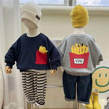秋季設計款兒童新款立體薯條衛衣2022韓國男女童圓領字母寬松上衣
