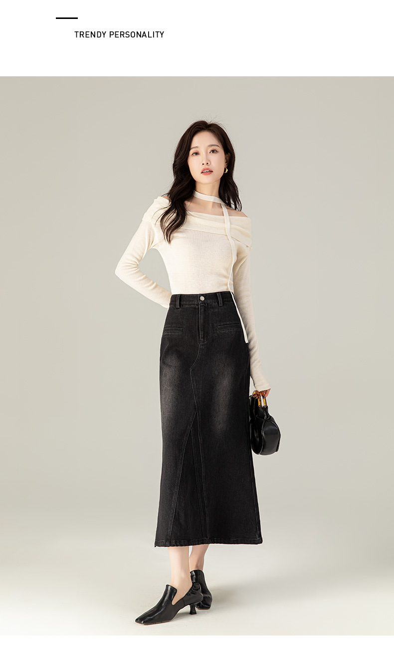 Chân váy denim đuôi cá cổ điển Mỹ, ôm dáng, dài qua gối — Đen xuyên thấu chi tiết 21