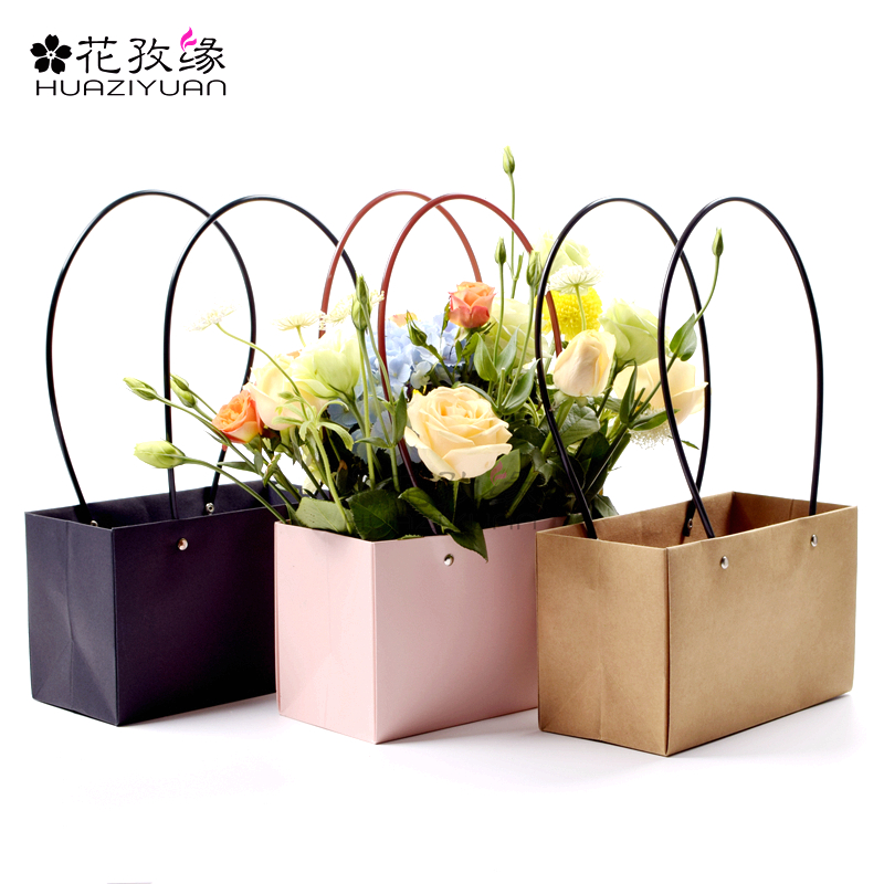 防水牛皮纸鲜花手提袋鲜花包装袋插花蓝小花束包装盒花艺礼品袋