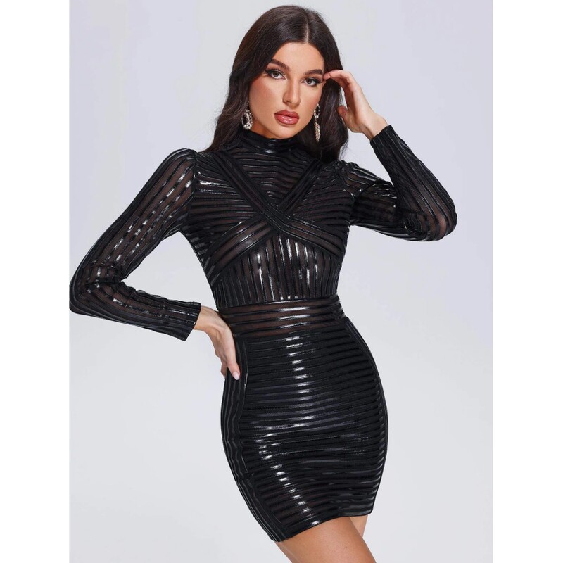 Black half turtleneck long sleeve slimming tight Fishbone transparent mini dress party women's clothing