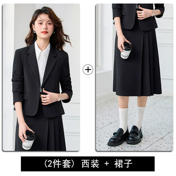 Black long-sleeve, classic suit jacket, skirt