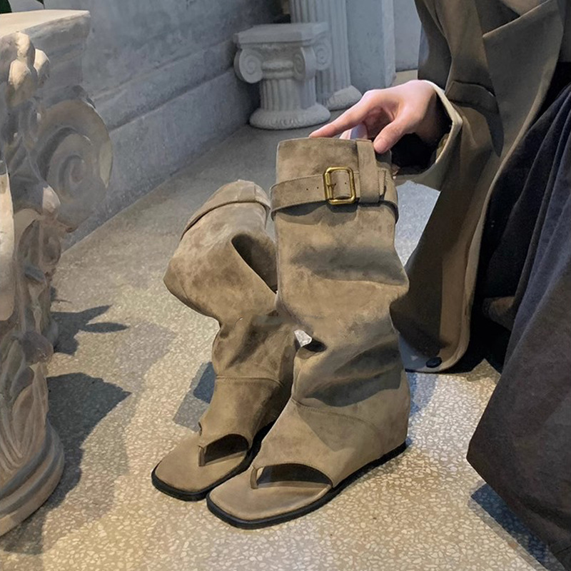 Grape Mom verano nuevo estilo de moda chica caliente viento punta abierta pila delgada botas sandalias chanclas mujeres verano