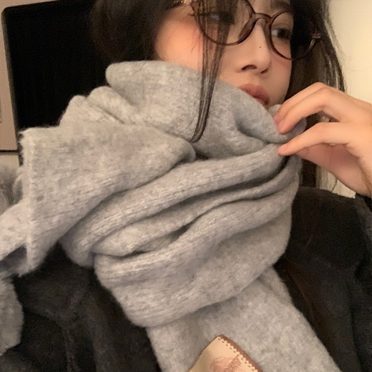 灰色毛球针织围巾女冬季韩系高级感学生日系加厚保暖毛线围脖披肩|undefined