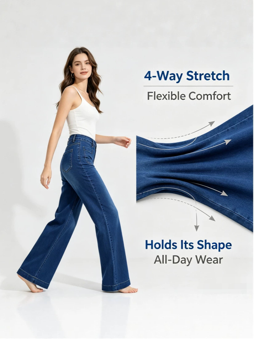 Jeans de Mujer de Pierna Ancha de Mezclilla de Algodón, Cintura Alta, Alta Elasticidad, para Uso Casual