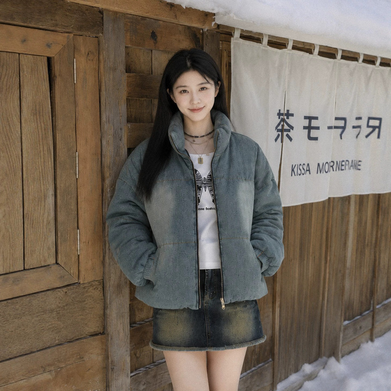Winter Denim down Jacket, American Retro Style, Washed and Distressed, Stand-Up Collar, Loose Fit, Thickened, Warm, Unisex Couple's Coat Winter Denim down Jacket, American Retro Style, Washed and Distressed, Stand-Up Collar, Loose Fit, Thickened, Warm, Unisex Couple's Coat
