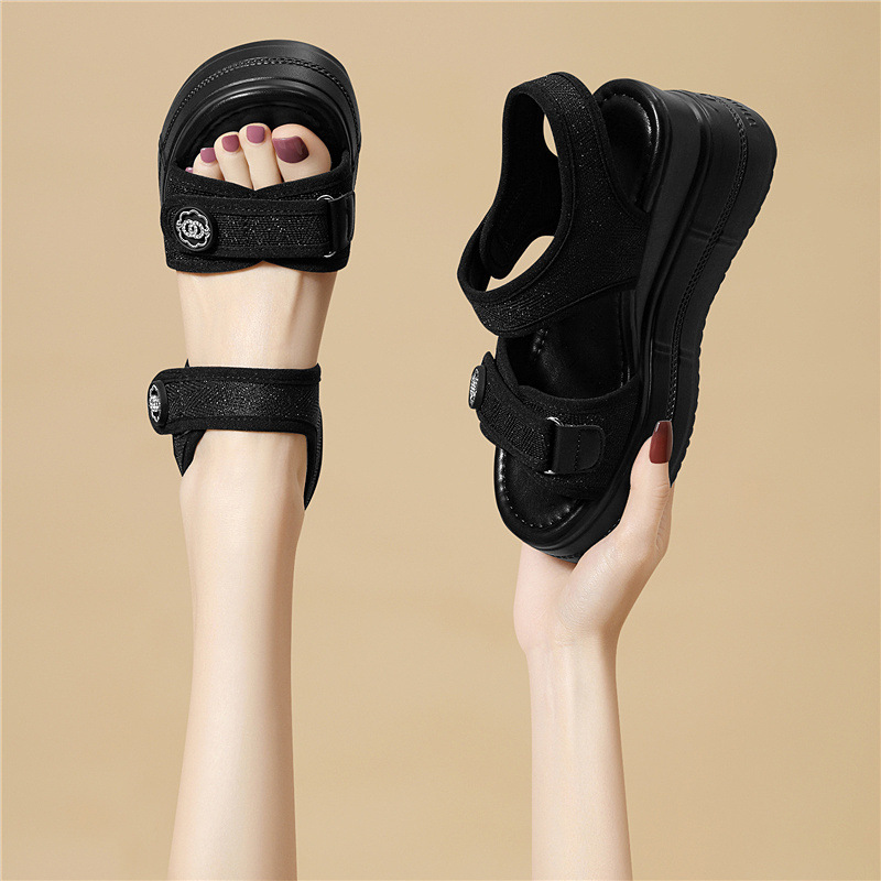Sandal thể thao nữ đế dày tăng chiều cao, phong cách outdoor mùa hè — 6131 Màu be, 6131 Da đen