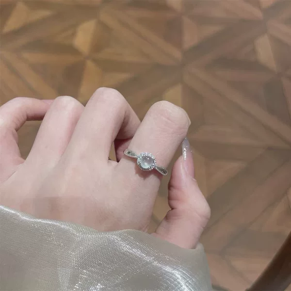 New Chinese Style Imitation Chalcedony Round Ring with Zircon Women's New Chinese Style Ancient Style Exquisite White Moonlight Imitation Jade Finger Ring