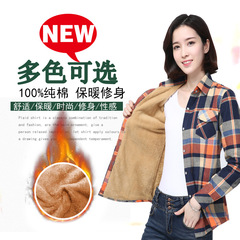 秋冬新款棉质加绒加厚保暖衬衫女士翻领长袖格子衬衣潮流休闲女装