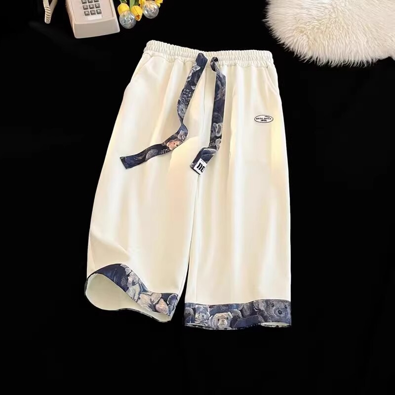 Summer Men's Large Size Drawstring Sports Straight Cropped Pants Plus Fat and Elastic Waist Shorts Loose Casual Versatile