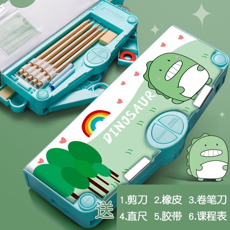 Caja de papelería multifuncional de doble cara de tres capas recientemente mejorada, caja de lápices para estudiantes de escuela primaria de gran capacidad para niños y niñas, juego de 8 piezas gratis