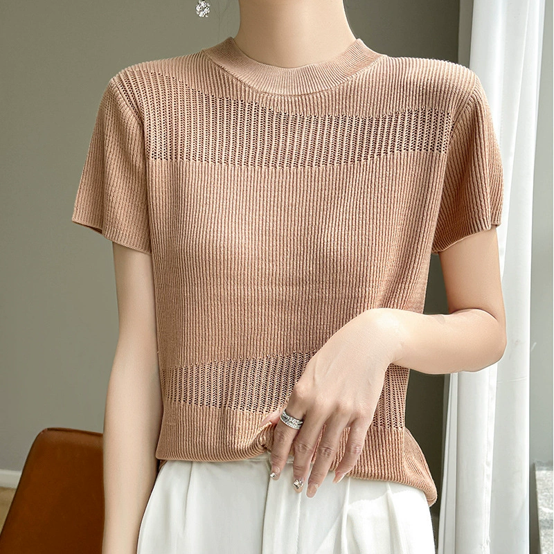 2024 Новый французский изысканный полый трикотажный свитер с короткими рукавами футболка высокого уровня дикий топ