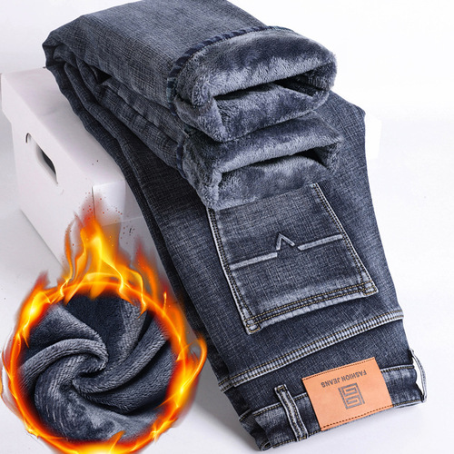 Men's Warm Fleece Thick Straight Leg Jeans for Autumn/Winter 2025 Trend Brand Long Pants