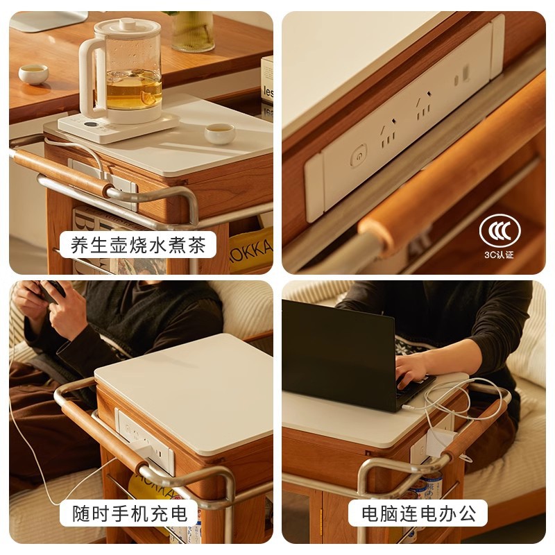 Mueble de té móvil de estilo antiguo, mesa de té, sofá, gabinete lateral, carrito, color de madera de cerezo, balcón de apartamento pequeño, mesa de té pequeña