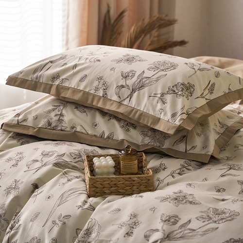 Chic Spring and Summer Retro Style 80-Count Long Staple Cotton Printed Quilt Set Four-Piece Set High-End 100% Cotton Flannel Bedding Set Four Seasons Version