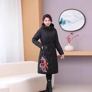 2025新款民族风国风大码羽绒棉服中欧美中长款刺绣过膝棉袄棉衣潮