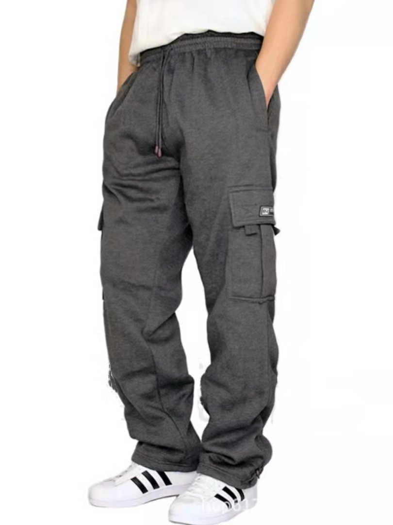 Nuevos pantalones casuales deportivos de moda transfronterizos pantalones sueltos de encaje multibolsillos con forro polar para hombres