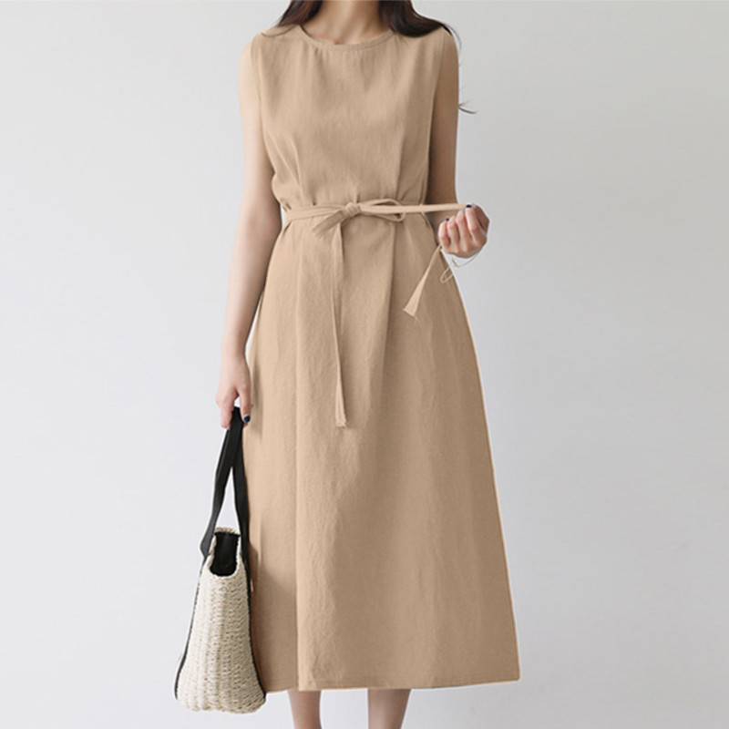 European And American Cross-border Women's Fashion Loose Bohemian Sleeveless Round-neck Solid Color Cotton-linen Long_ecoleips.com