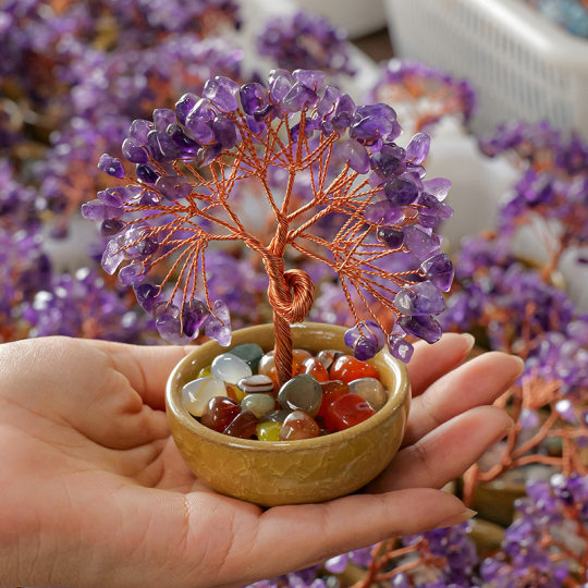 Natural citrine fortune tree tea cup base cornucopia crystal tree crystal money tree desktop fortune ornaments
