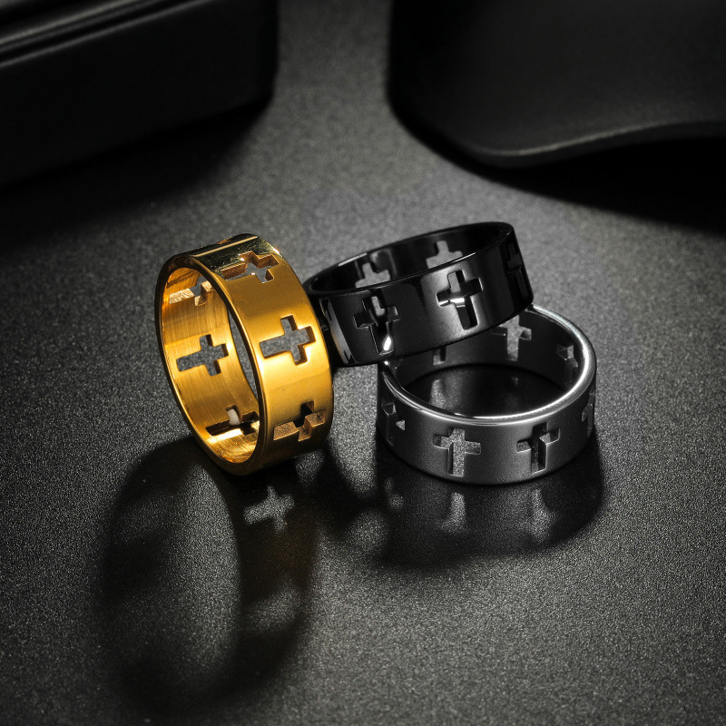 欧美流行简约时尚男士饰品亚马逊希音爆款手饰镂空十字架钛钢戒指