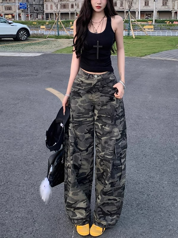 嘻哈风迷彩工装弯刀牛仔裤女春秋季新款高腰宽松显瘦美式休闲裤棉|undefined