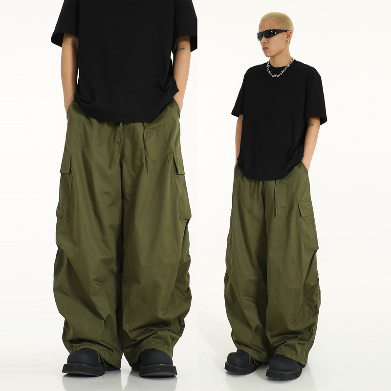 American Retro Work Pants Hip-Hop Parachute Pants for Men, Loose Versatile Wide-Leg Floor-Length Casual Pants, Simple Design
