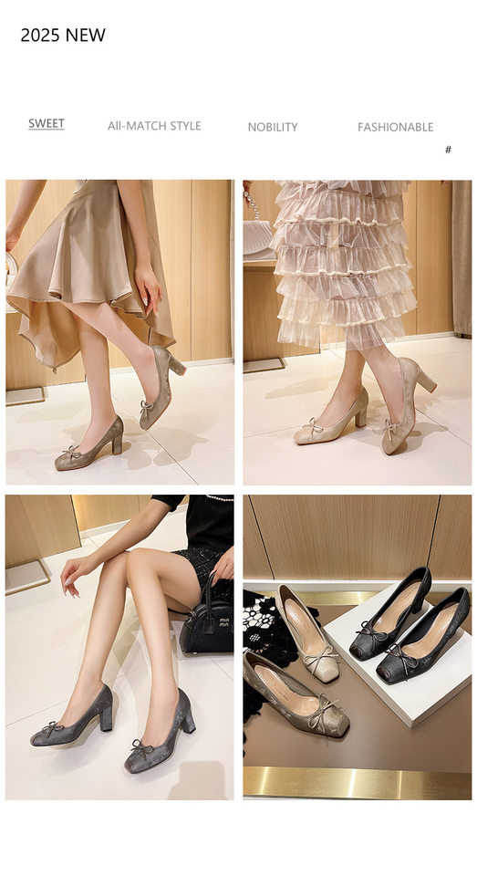 Giày cao gót nữ mũi vuông gót dày thiết kế thanh lịch, gót 6–8 cm — kaki, màu xám đậm, mơ chi tiết 2