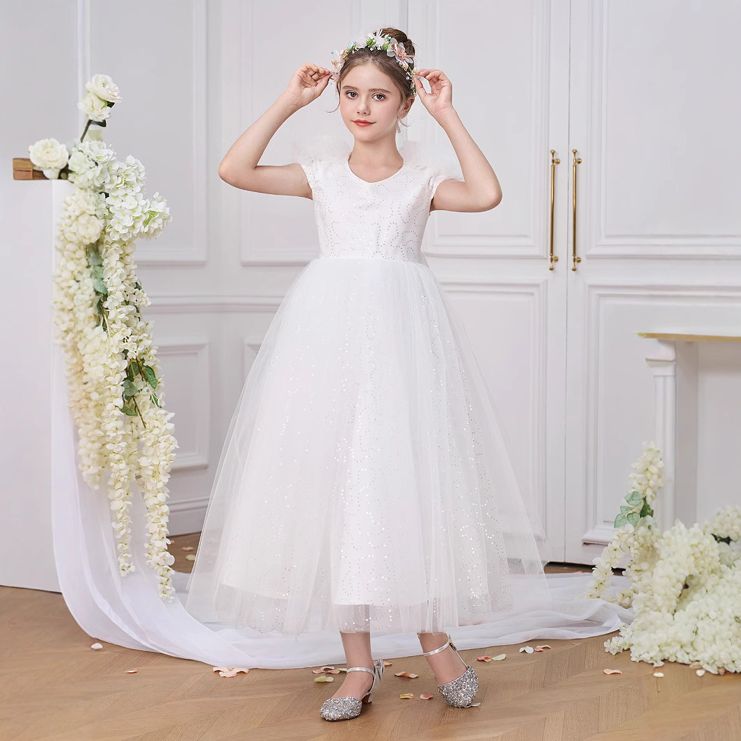 Nuevo vestido transfronterizo, vestido de princesa, manga abullonada, vestido de fiesta para niñas, vestido de actuación, vestido de falda de gasa hinchada con lazo
