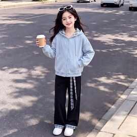 女童春秋长袖拉链连帽外套休闲百搭拼接格纹长裤新款两件套套装潮