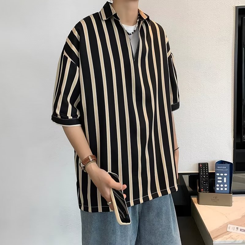 Camisa coreana de media manga para hombre de primavera y verano, camisa casual de manga corta hermosa de moda para hombre, chaqueta a rayas, manga tres cuartos