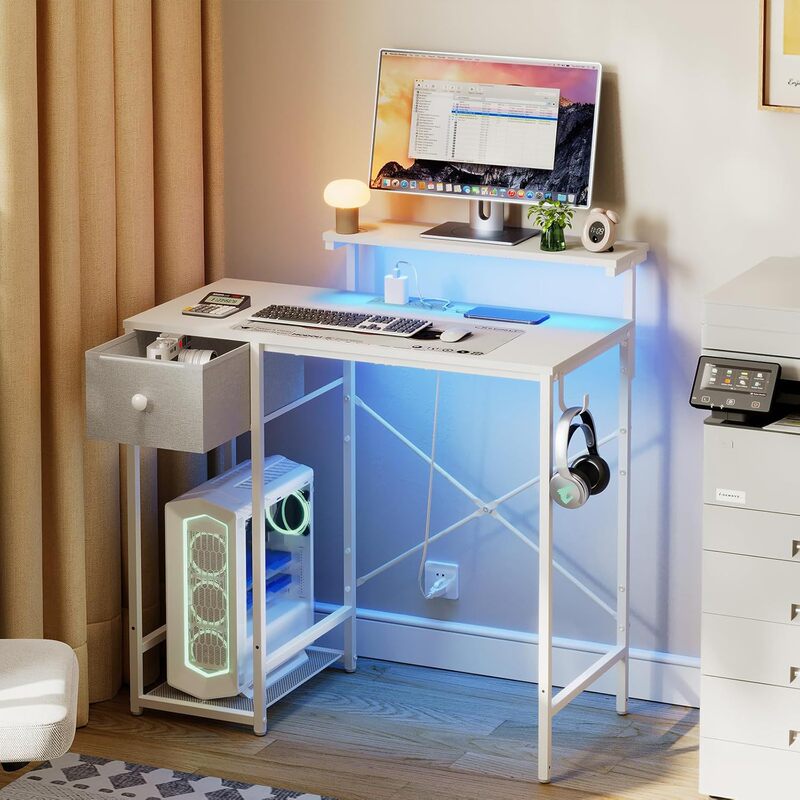 Small gaming table, compact computer table with monitor stand, computer gaming table with lights and power outlets, trendy