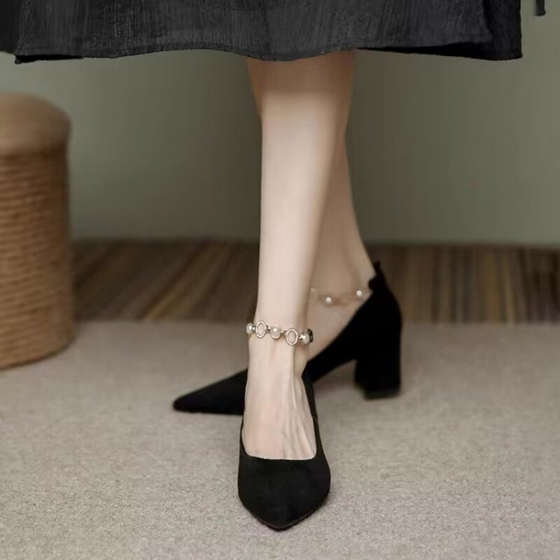 粗根职业高跟鞋女2025年春秋新款设计感气质珍珠配裙子气质单鞋女
