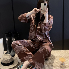 【酒咖系列】欧美英伦风丝绸睡衣女豹子家居服长袖长裤冰丝豹纹