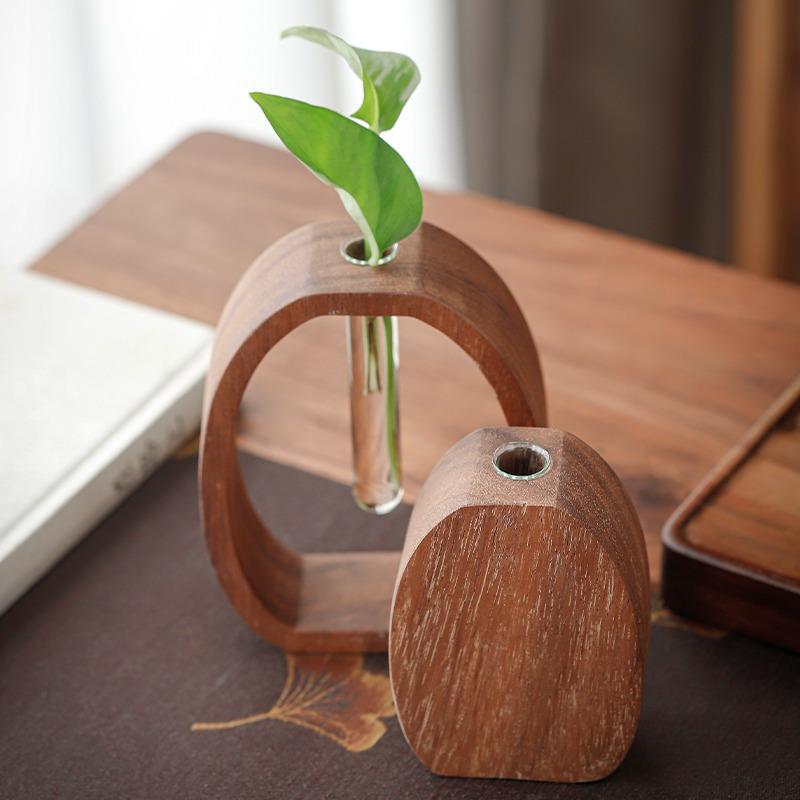 Dispositivo de flor de nogal planta hidropónica titular de la flor Japonés de madera maciza de vidrio de escritorio creativo pequeña decoración florero de tubo de ensayo de vidrio