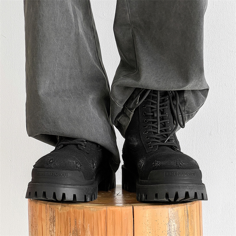 Men's Canvas Martin Work Boots, Black High-Top with Thick Soles | Height Boost