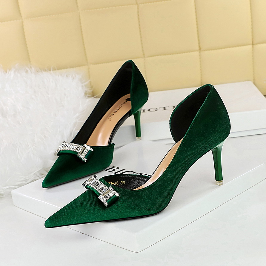 1363-AK80 Banquet High Heels Women's Thin Heel Suede Shallow Mouth Pointed Toe Side Hollow Metal Rhinestone Buckle_vogvips.com