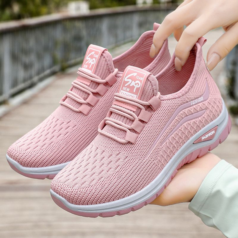 Sports Shoes for Women, Summer Breathable Casual Shoes, Cross-Border Fly-Knit Lace-Up Women's Shoes, Soft Soles, Non-Tiring Running Shoes