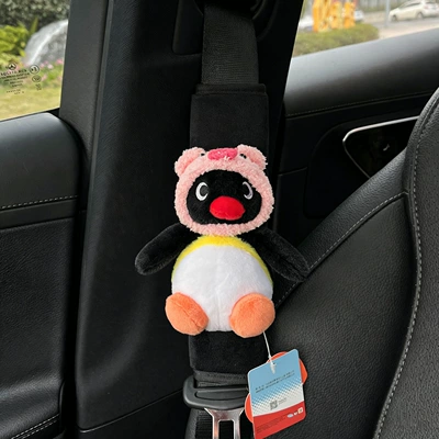 Authentic Pingu Little Penguin Seat belt shoulder pad - pink-pig-hat-cute-penguin-black-velvet-shoulder-pads-hand-sewn