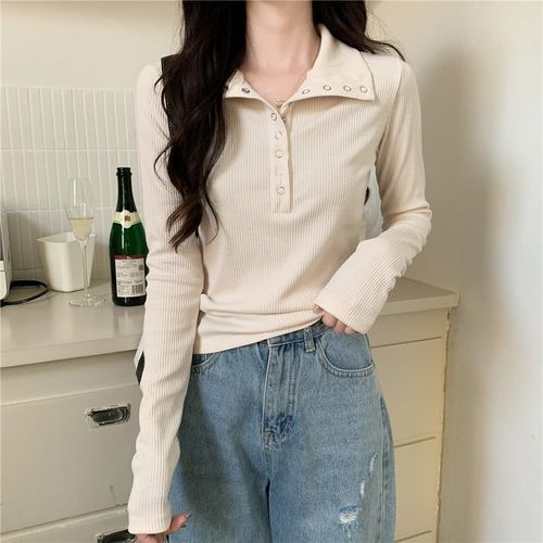 Korean Spring and Autumn Design Sensory Tapered Long Sleeve T-shirt for Women, European Version Outerwear Collar Knit Top for Women, INS Base Shirt