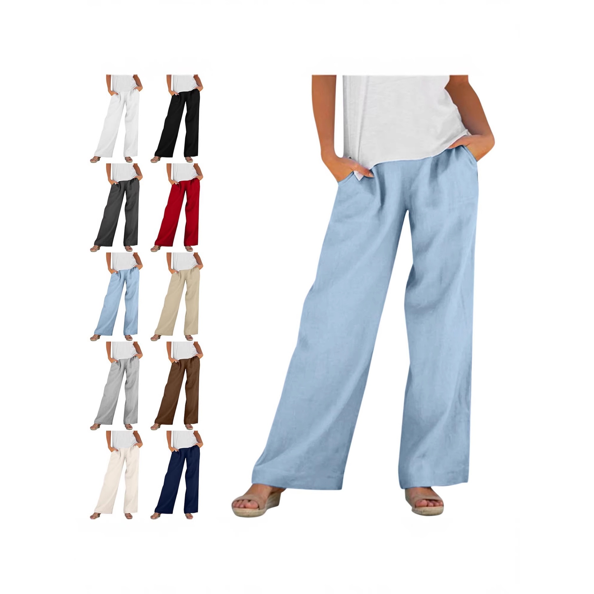 2026 Amazon Wish Spring and Autumn European and American Women's Clothing Solid Color Cotton and Linen Loose Elastic Waist Wide-Leg Casual Long Pants for Women