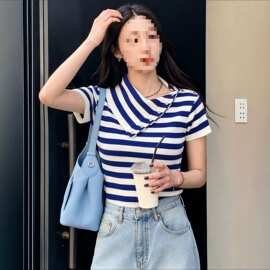 高版本深圳南油高端女装针织短袖海军风条纹显瘦高领T恤上衣常规