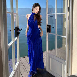 重工层次感不规则荷叶边挂脖裙克莱因蓝色露背度假沙滩蛋糕晚礼服