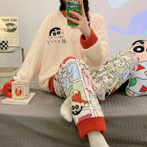Cross-border Flannel Pajamas for Women - Autumn/Winter Round Neck Long Sleeve Cute Anime Style Student Warm Home Set