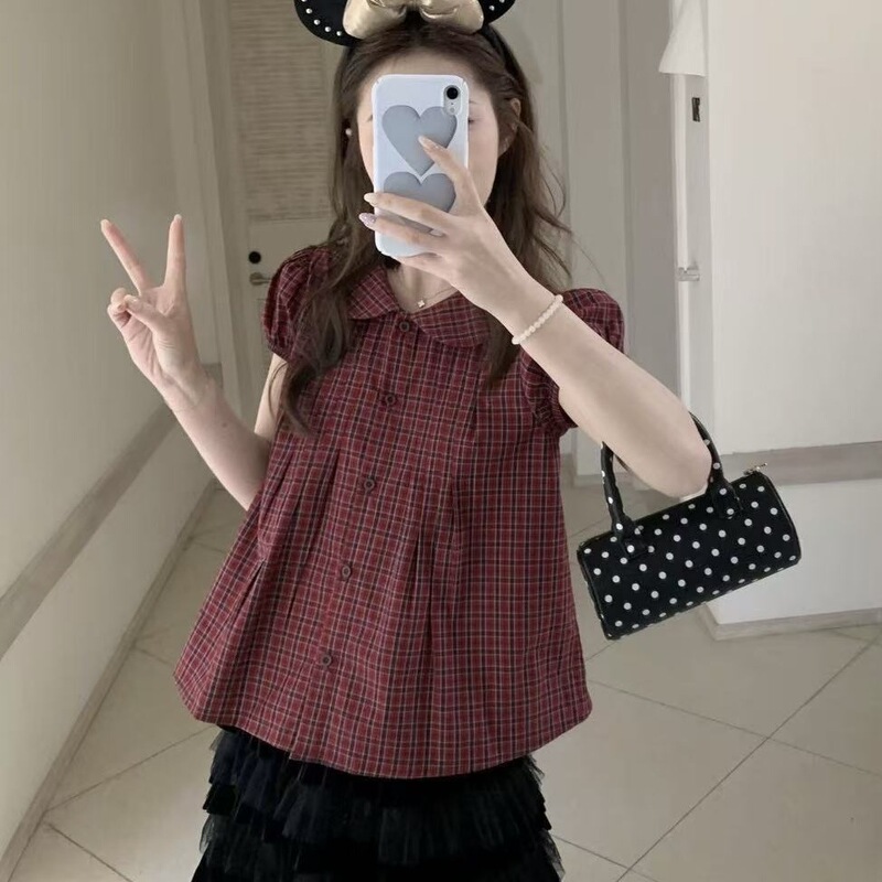 Korean-Style Sweet and Youthful Doll-Collar Shirt for Women, New Summer Retro Plaid Puff Short-Sleeve Shirt, Versatile Top