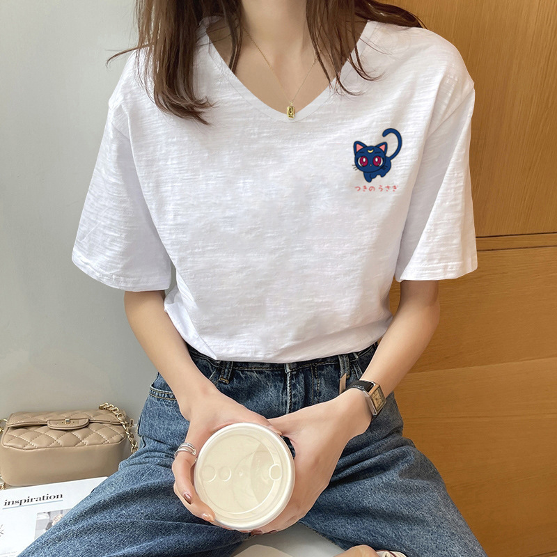 New 2025 Summer Loose Korean Style Pure Cotton Bamboo Cotton White Women's Short-Sleeved T-Shirt Design V Neck Top for Women